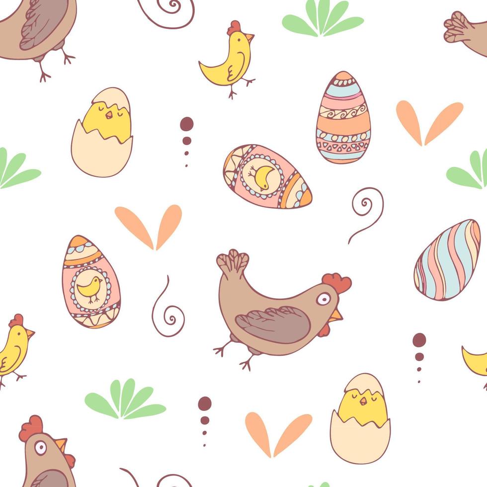 Reticolo senza giunte di Pasqua disegnato a mano con uovo, pollo e gallina, illustrazione vettoriale