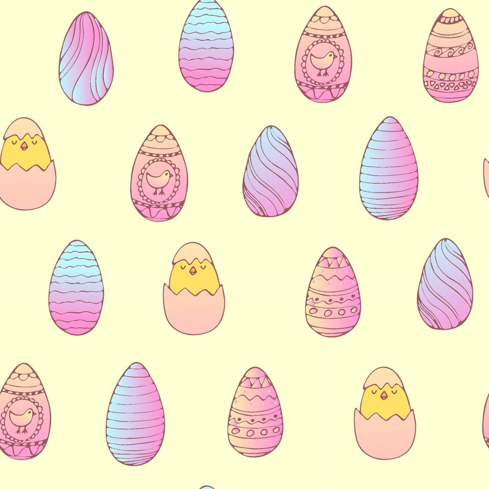 Reticolo senza giunte di Pasqua disegnato a mano con uova di Pasqua decorate, illustrazione vettoriale