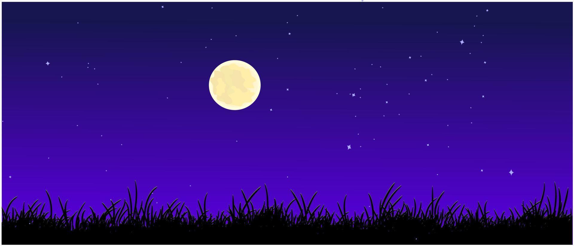 silhouette notte erba con stelle e sfondo luna, sfondo di prati vettore