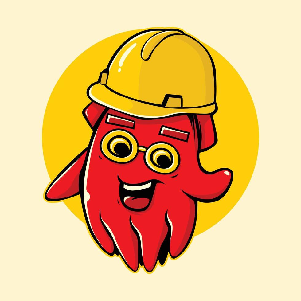 illustrazione del carattere vettoriale del calamaro che indossa un casco giallo