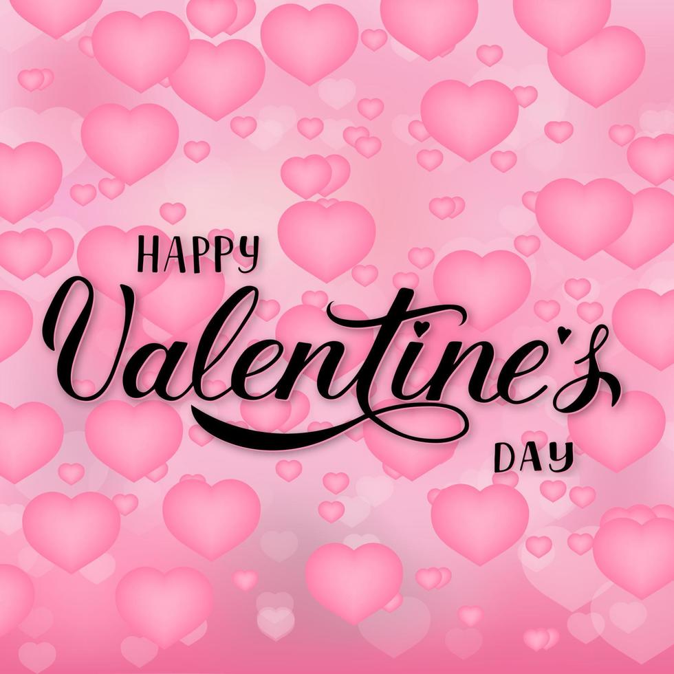 felice giorno di san valentino calligrafia scritte a mano su sfondo rosa con cuori volanti 3d. biglietto di auguri di san valentino. modello vettoriale facile da modificare