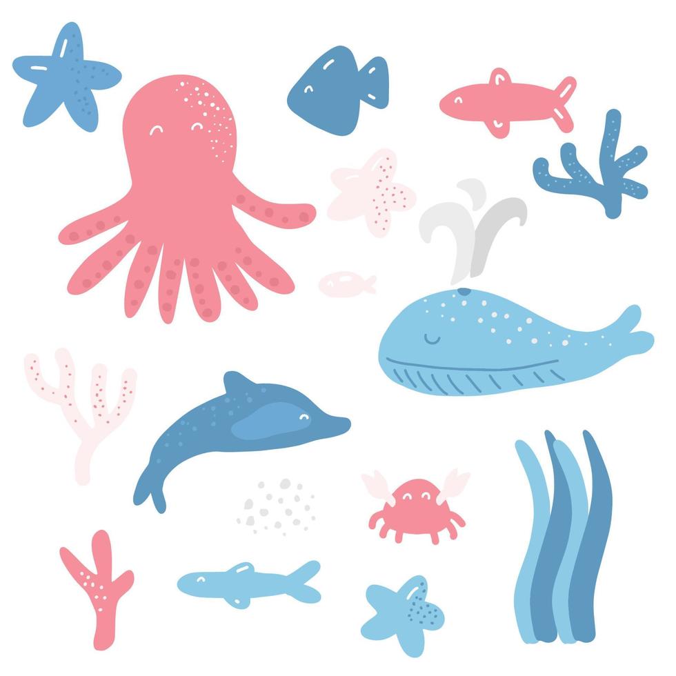 clipart del set di vita marina. granchio, stelle marine, coralli, pesci, balena, polpo, delfino. illustrazione di vita marina. simpatico personaggio dei cartoni animati. elemento di design marino nautico per bambini colorati della scuola materna vettore