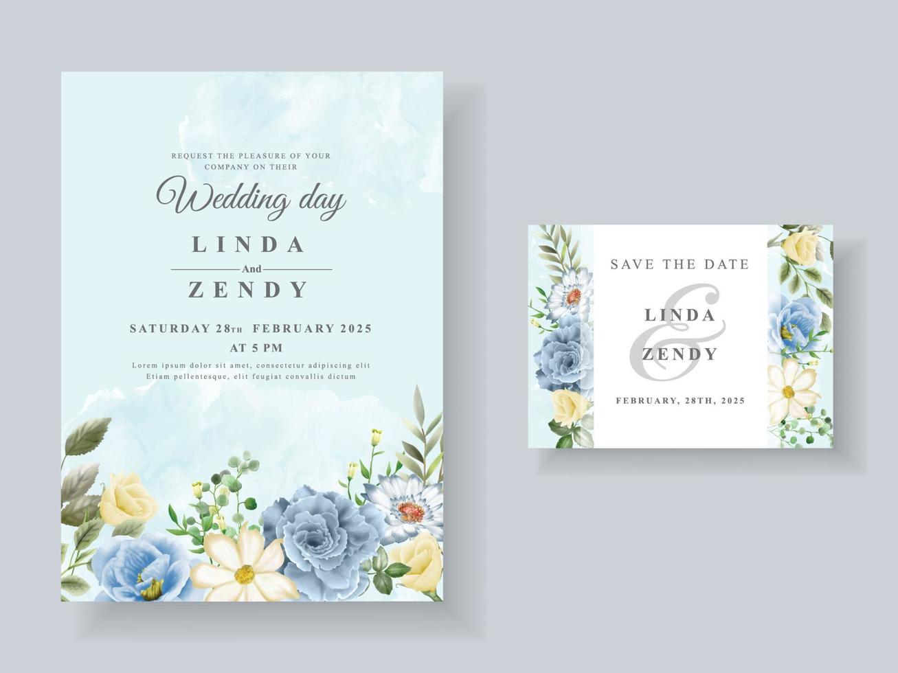 modello di carta dell'invito di nozze dei bei fiori blu vettore