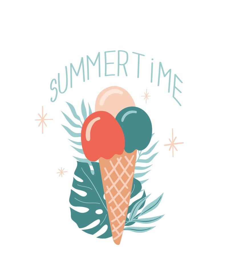 illustrazione estiva vettoriale con gelato, foglia di monstera e scritta 'summertime'. per la stampa, poster e card.