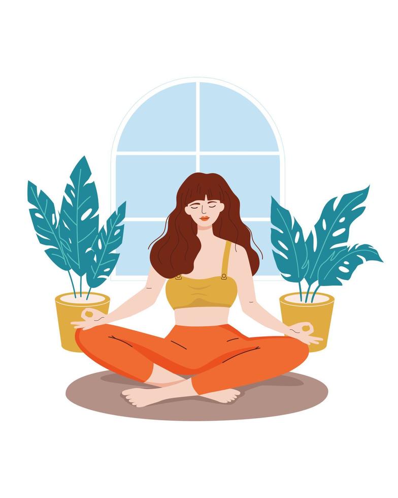 vettore donna con gli occhi chiusi seduta in una posa di loto a casa. concetti di meditazione, yoga, relax, pratica spirituale, ricreazione, stile di vita sano. illustrazione del fumetto piatto.