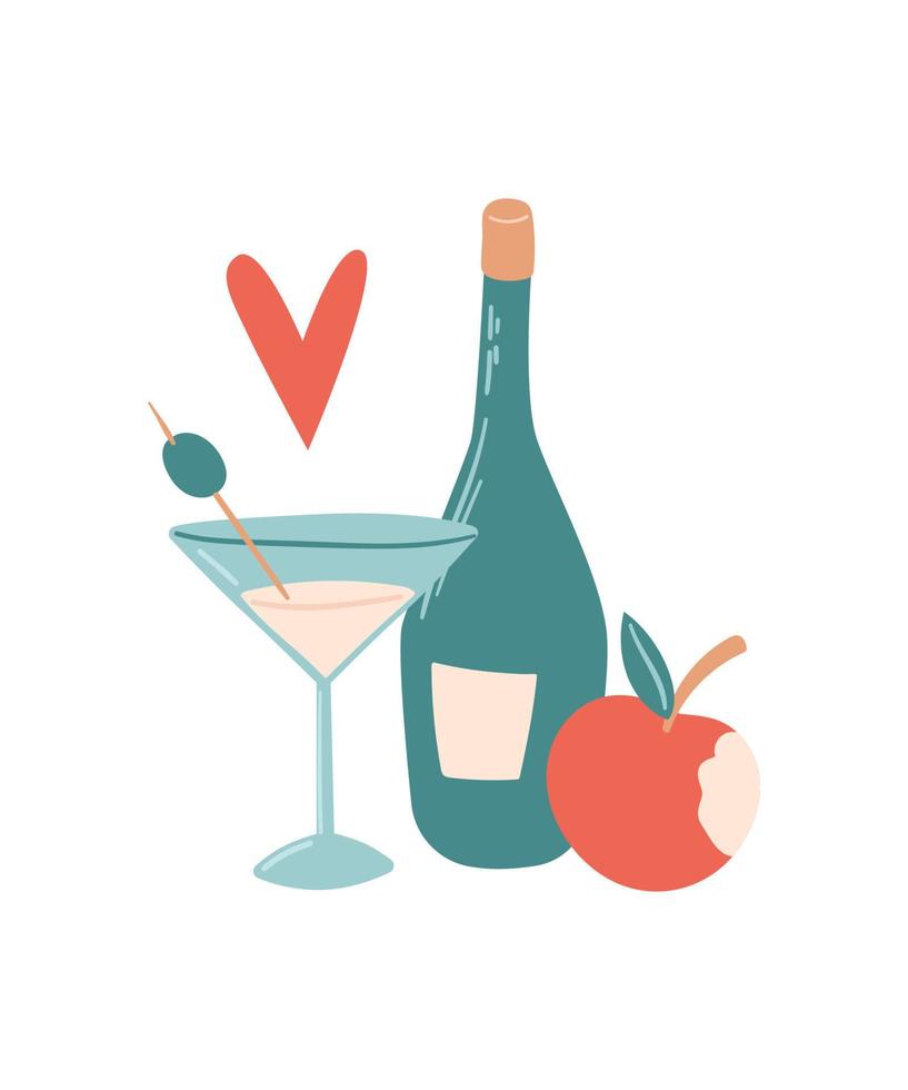 illustrazione vettoriale estate con cocktail, mela, bottiglia e cuore. per la stampa, poster e card.