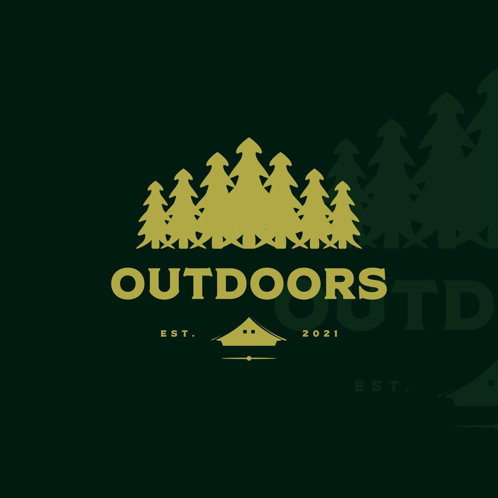 disegno dell'icona del modello dell'illustrazione di vettore dell'annata del logo dell'albero dei pini. logo all'aperto per l'avventura in campeggio