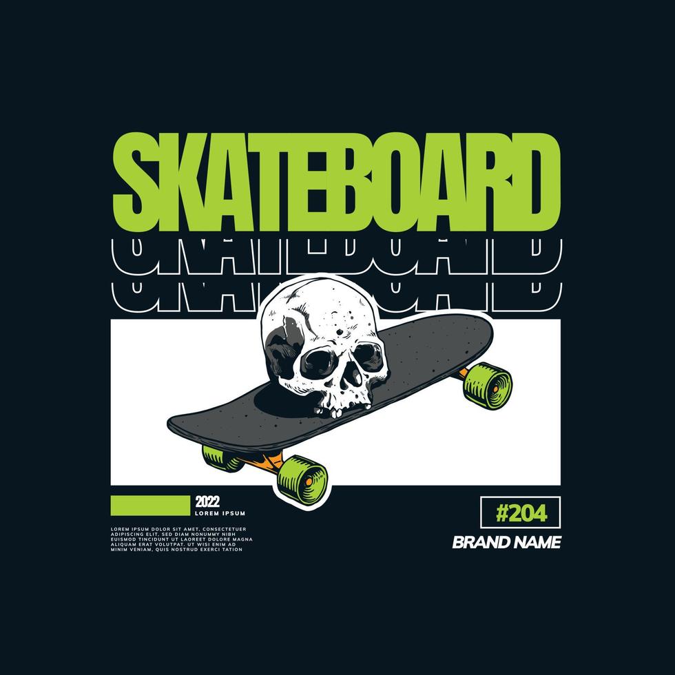 skateboard con testa di teschio con design del layout street wear vettore