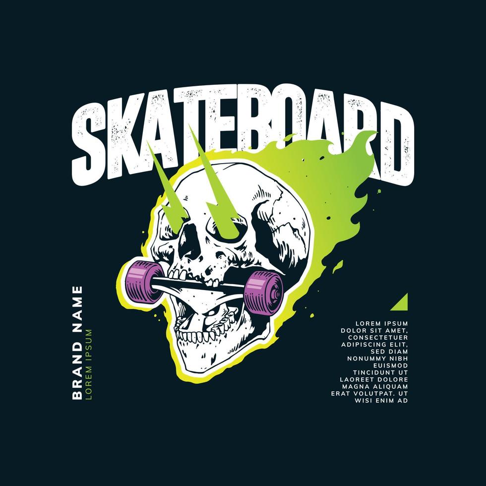 skateboard con teschio con design del layout street wear vettore