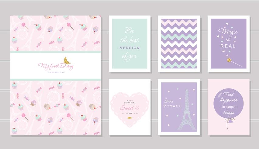 Copertina per notebook e design di carte per ragazze adolescenti. Tema di Parigi, citazioni sagge. Modello senza cuciture incluso con la torre Eiffel, dolci cupcakes su rosa pastello. vettore