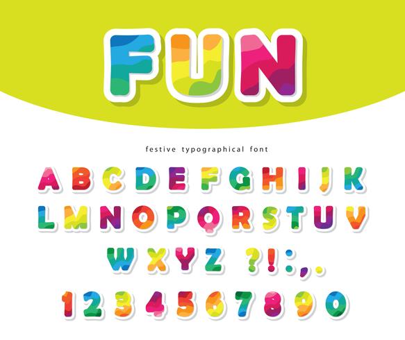 Carattere colorato moderno con lettere e numeri ABC di ritaglio di carta brillante vettore