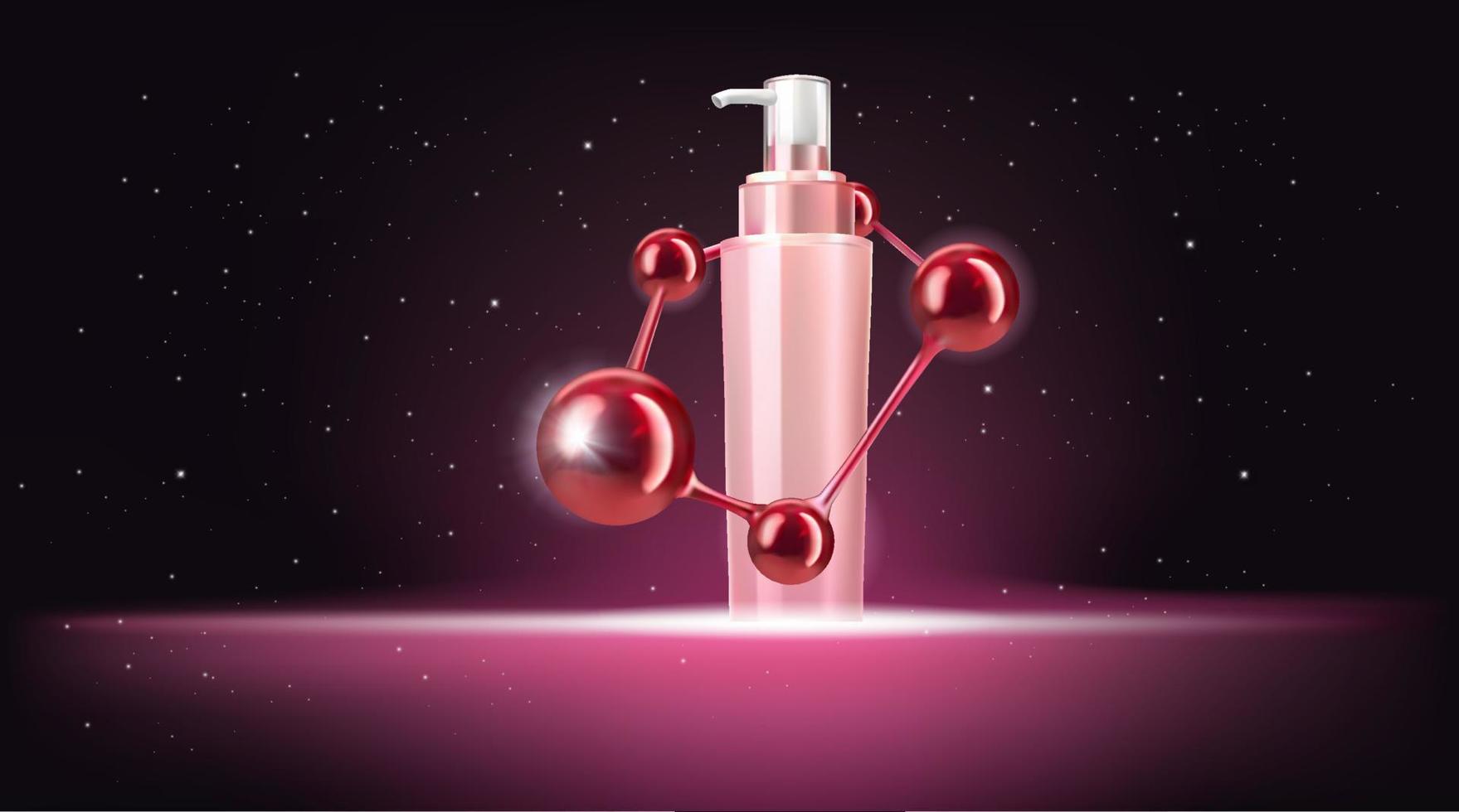 prodotti per la cura della pelle di bellezza con molecola rossa. banner mockup di bottiglie cosmetiche. vettore 3d realistico
