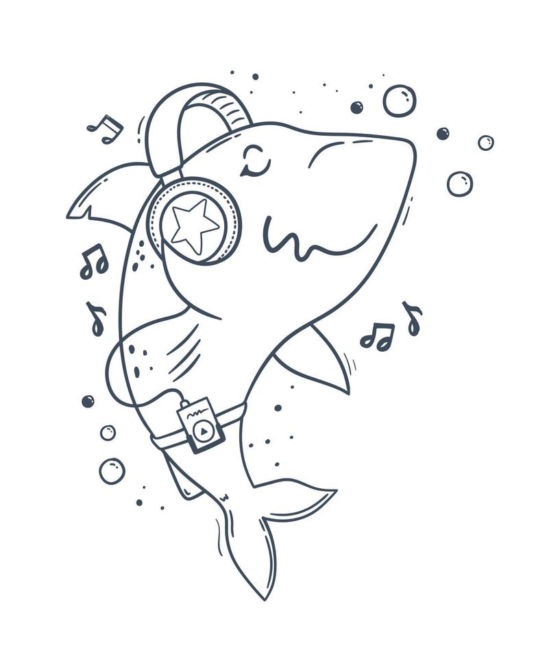 squalo simpatico cartone animato che si gode la musica attraverso le cuffie. illustrazione di clip art vettoriale