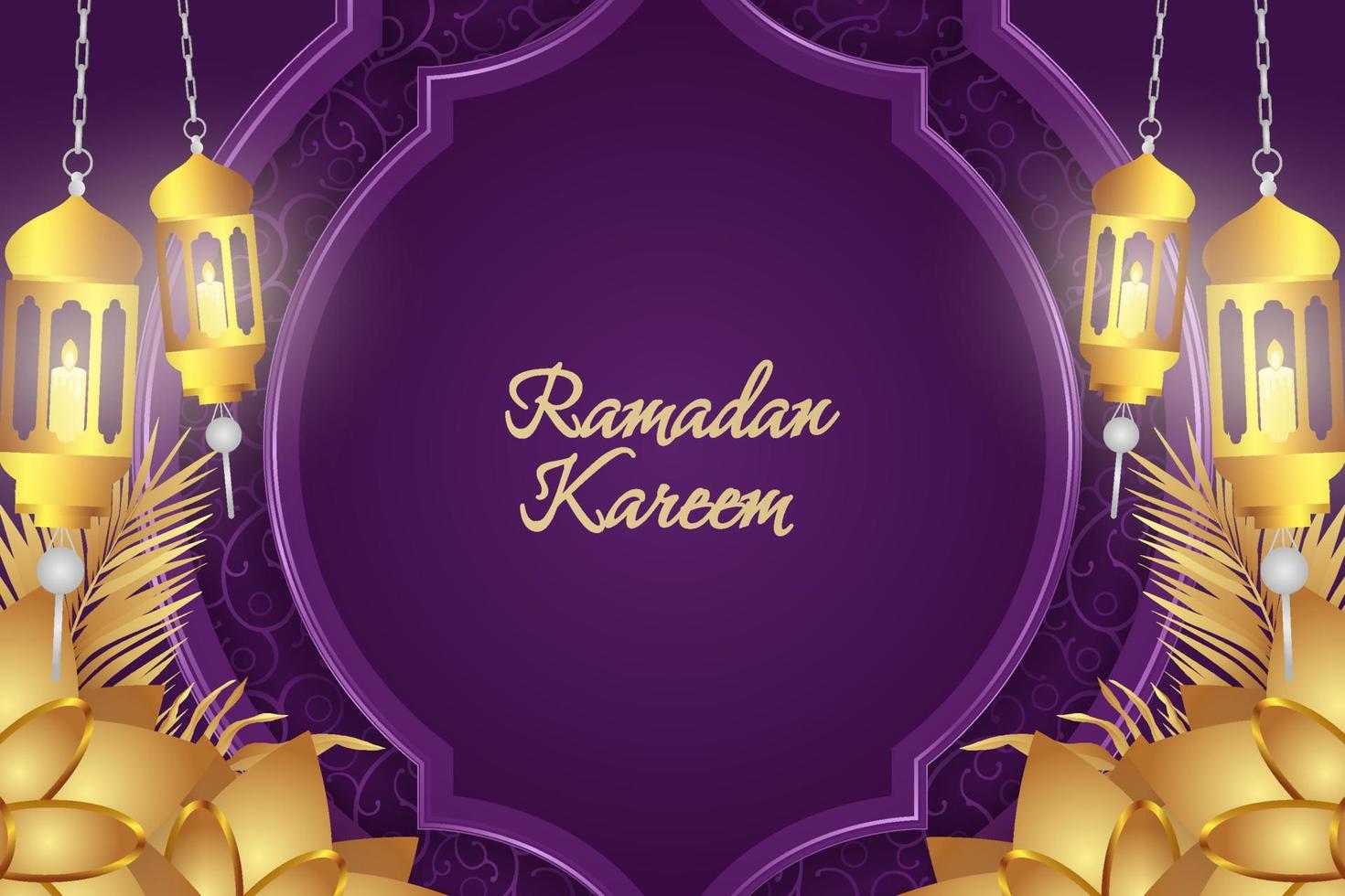 ramadan kareem lusso islamico viola e oro con lampada ornamentale vettore