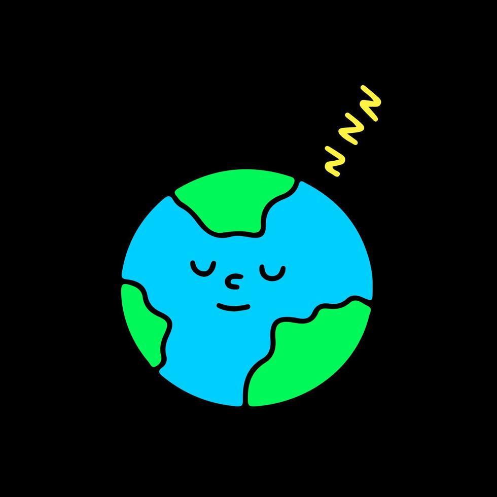 pianeta terra addormentato, illustrazione per t-shirt, adesivi o articoli di abbigliamento. con stile doodle, retrò e cartone animato. vettore