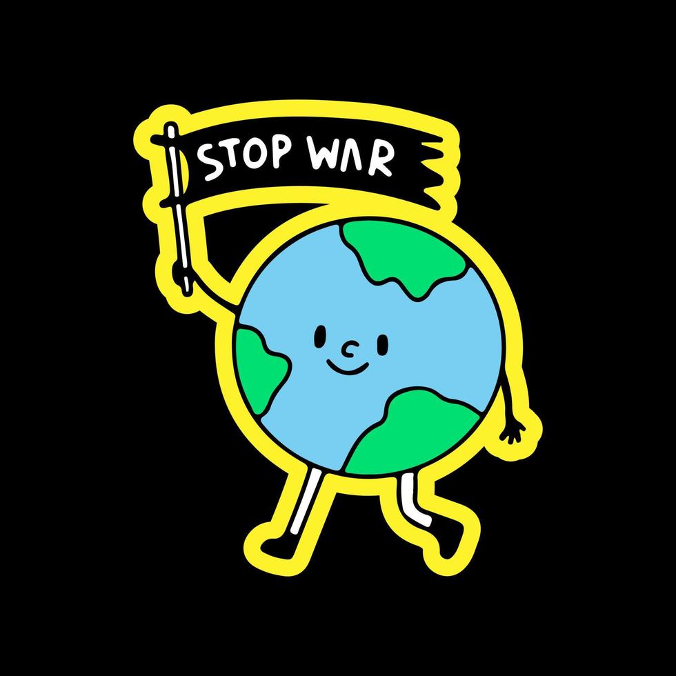 mascotte del pianeta terra che tiene bandiera con tipografia stop war, illustrazione per t-shirt, adesivi o articoli di abbigliamento. con stile doodle, retrò e cartone animato. vettore