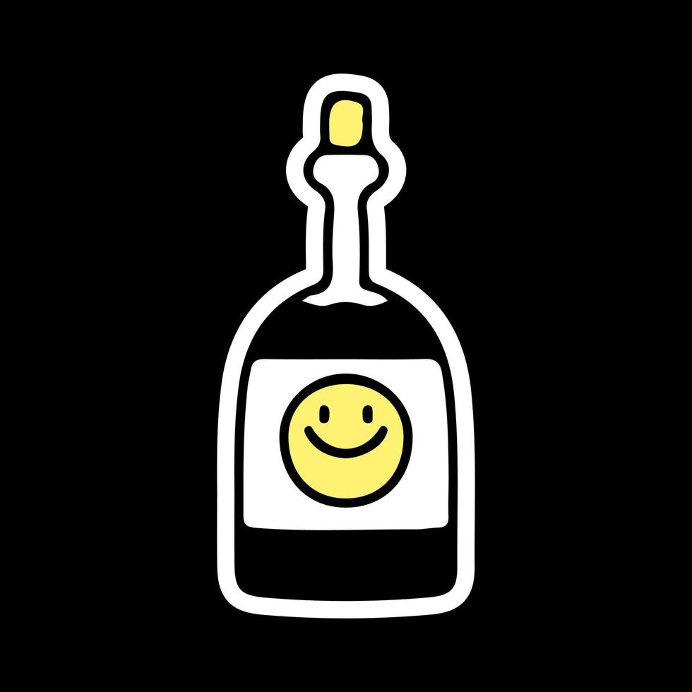 bottiglia di alcol con emoji sorridente, illustrazione per t-shirt, adesivi o articoli di abbigliamento. con stile doodle, retrò e cartone animato. vettore