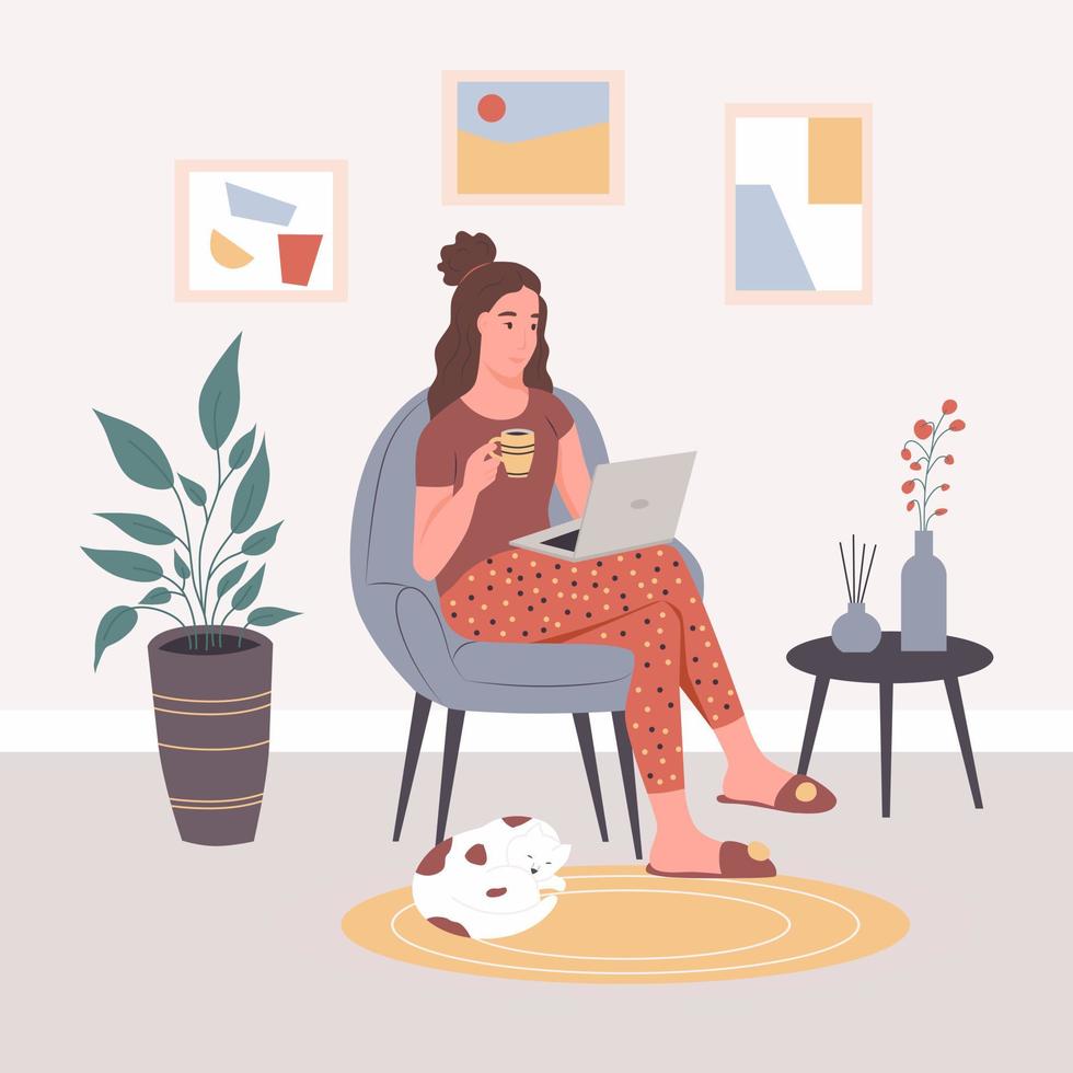 una giovane donna con un laptop è seduta su una sedia a casa. lavoro a distanza, freelance, ambiente domestico. illustrazione vettoriale piatta