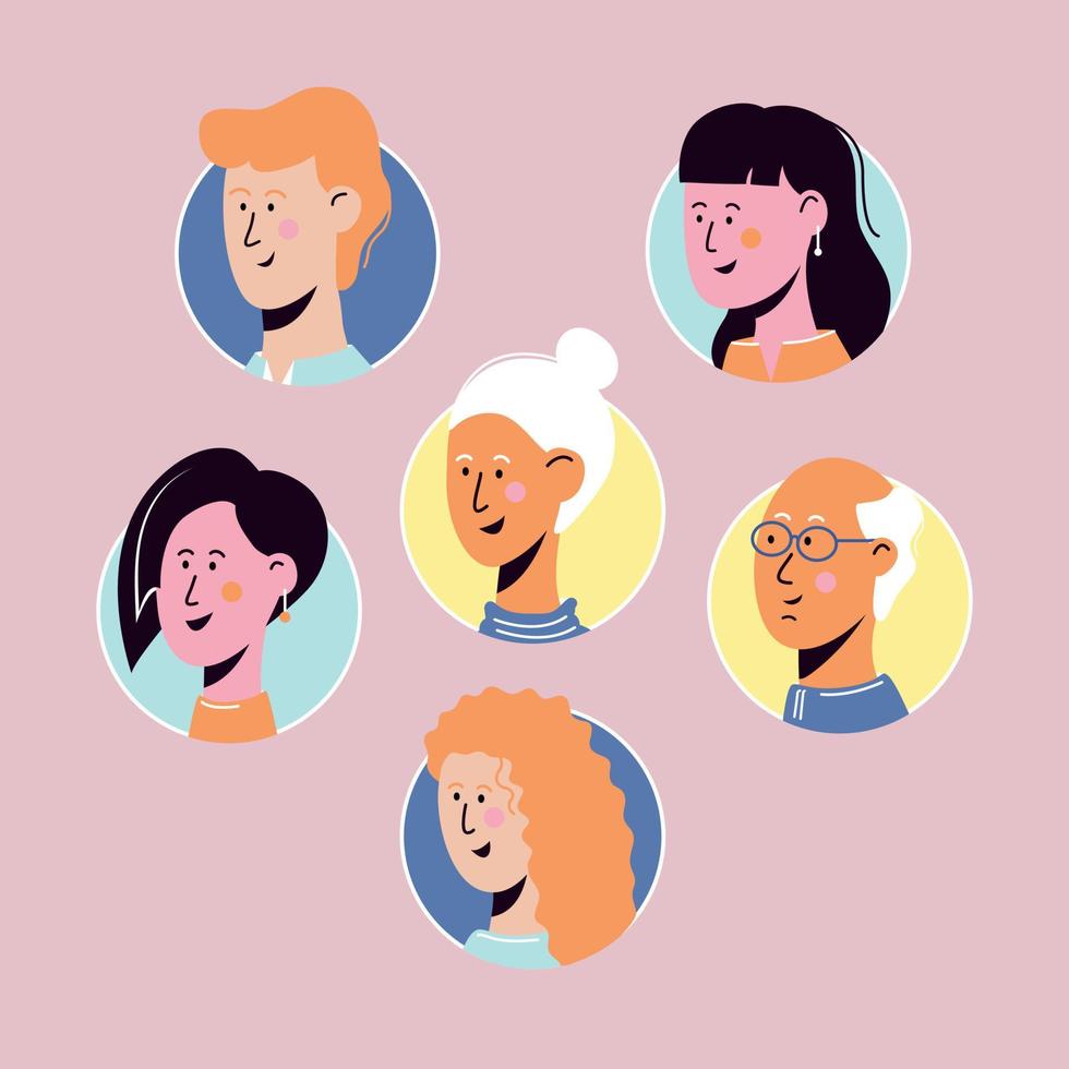 raccolta di modelli di avatar di personaggi di persone. illustrazione di persona piatta vettoriale. set di volti maschili e femminili in cerchio. design per app Web, interfaccia utente vettore