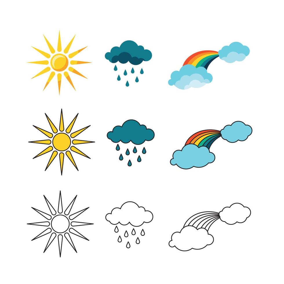 icone meteo impostate isolate su sfondo bianco. illustrazione vettoriale di sole, pioggia e arcobaleno in semplice stile piatto. icone di colore e contorno