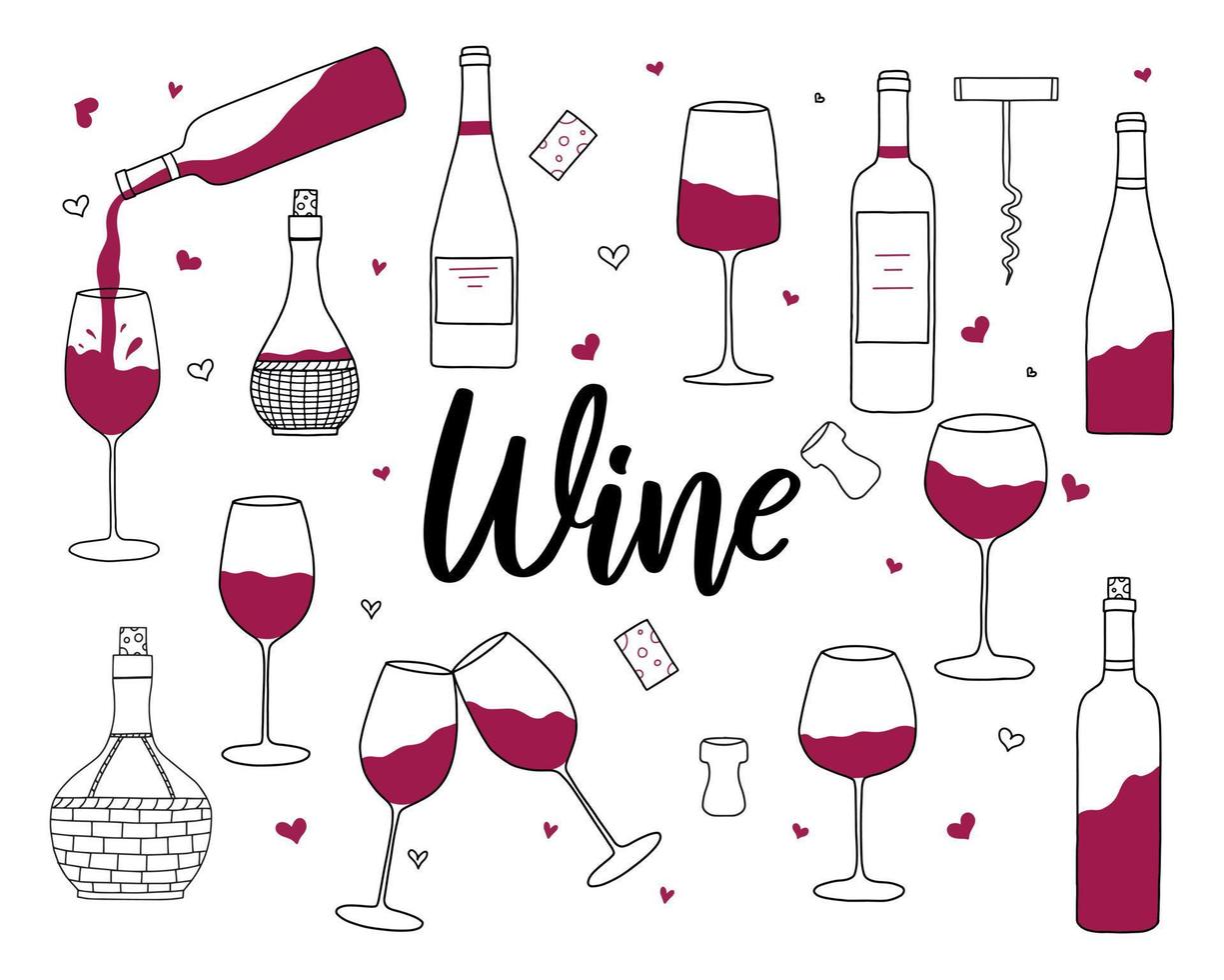 vino rosso, bicchiere, cavatappi. elementi di design vettoriale in stile doodle. opzioni di bottiglia di vino. design piatto semplice.
