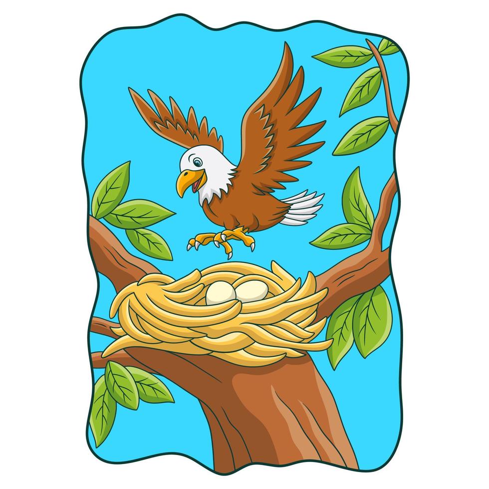 fumetto illustrazione l'aquila appollaiata sul suo nido nell'albero vettore