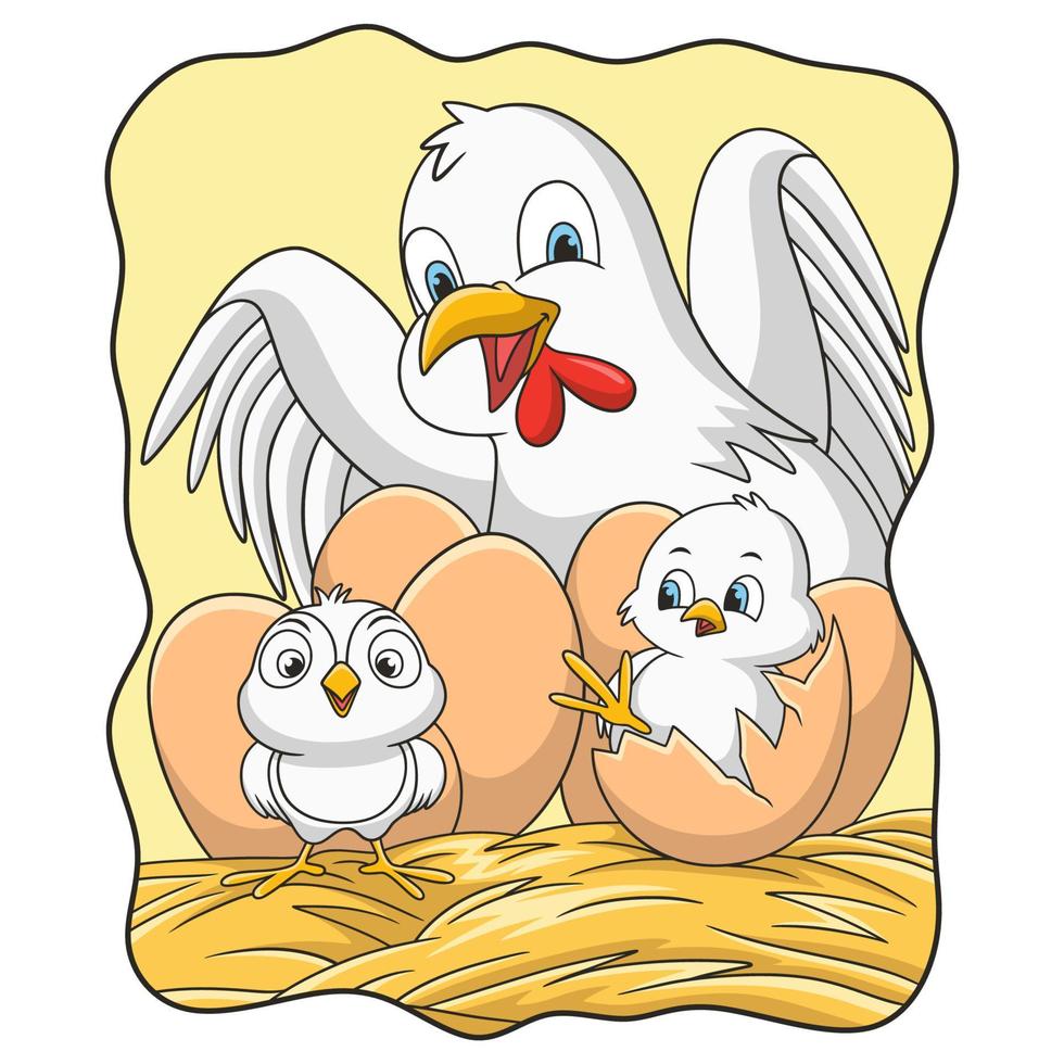 fumetto illustrazione gallina che sta incubando le sue uova vettore