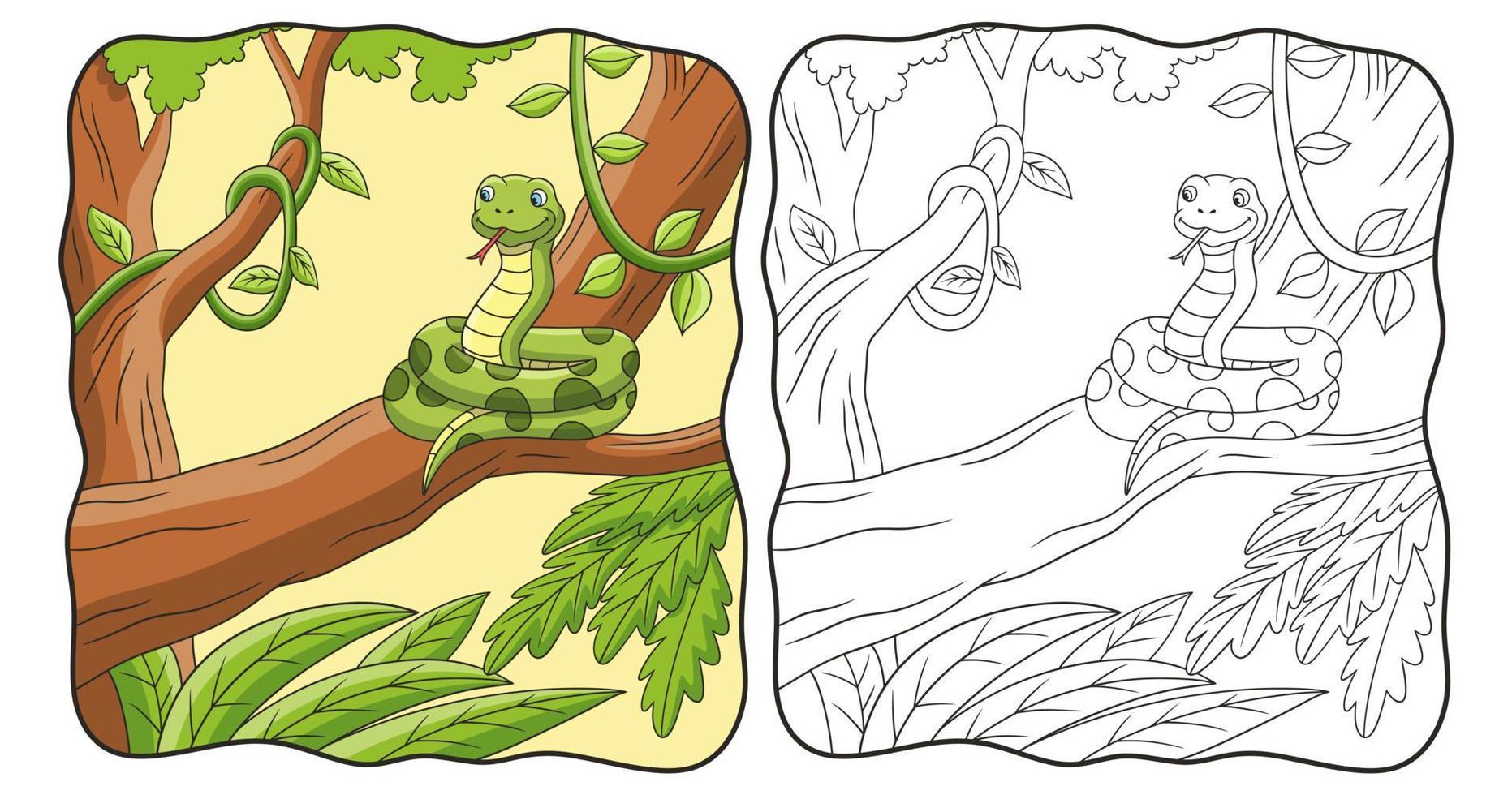 illustrazione del fumetto il serpente è sul libro dell'albero o sulla pagina per i bambini vettore