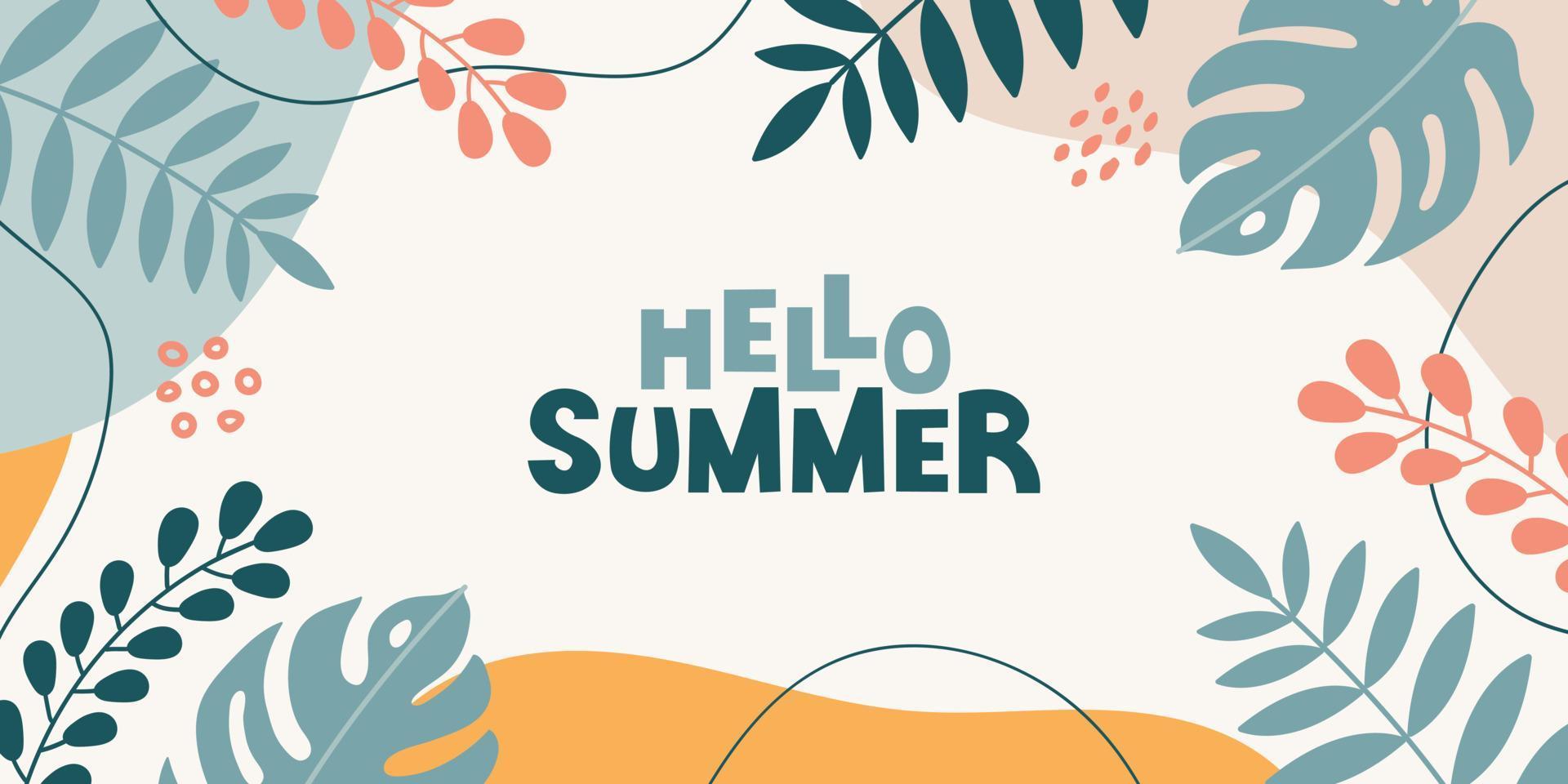 ciao estate banner colorato sfondo con foglie tropicali, fiori e scritte su sfondo bianco. design estivo moderno. illustrazione vettoriale
