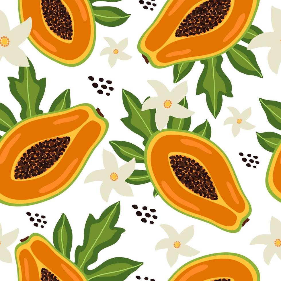 motivo tropicale senza cuciture con frutta esotica colorata mezza papaia, foglie e fiori su sfondo bianco. modello estivo biologico. illustrazione vettoriale alla moda