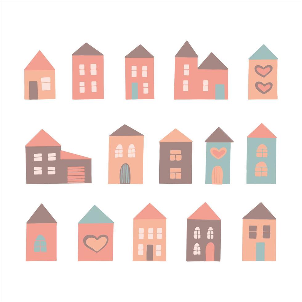 doodle disegnato a mano insieme della casa, vettore. arredamento, icona. scandinavo. costruzione della carta del manifesto dell'autoadesivo del minimalismo vettore