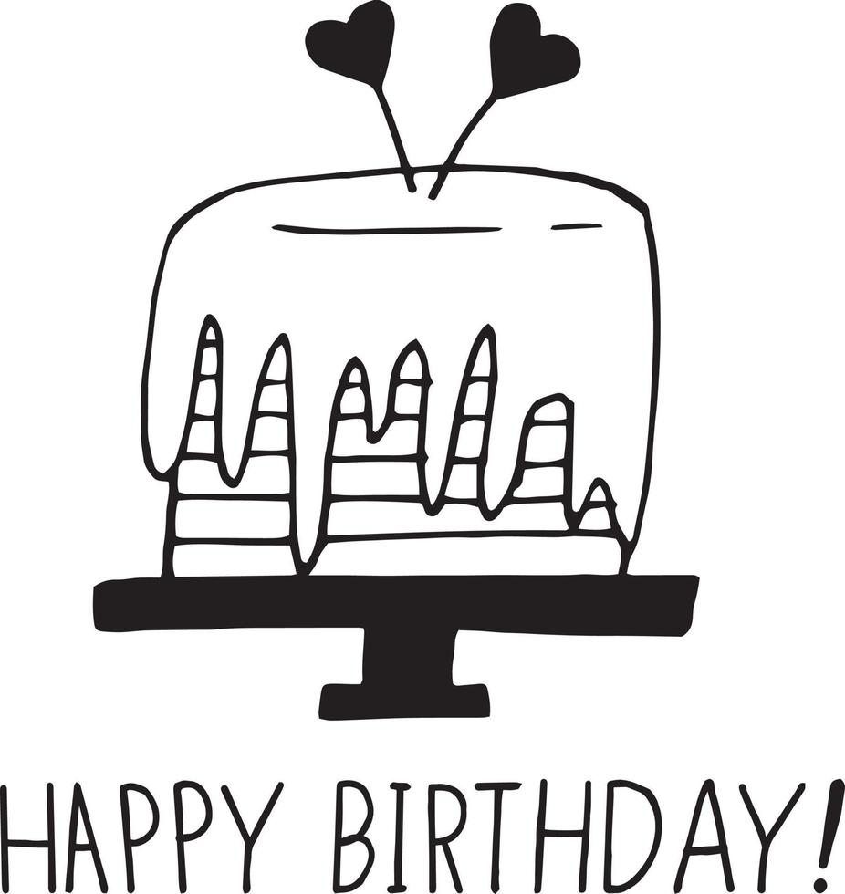 pezzo di torta con candela e scritte buon compleanno. modello di biglietto  di auguri. stile doodle disegnato a mano. minimalismo, monocromo, schizzo.  cibo, dolci, dessert festa di compleanno 4889157 Arte vettoriale a