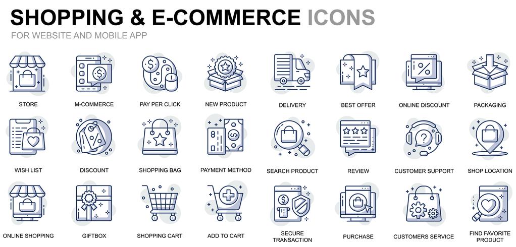 Icone di linea di shopping ed e-commerce vettore