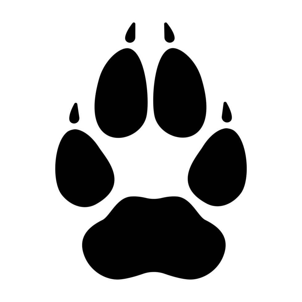 icona dell'impronta dell'impronta del lupo. zampa nera di pericoloso predatore forestale con segni chiari e artigli vettoriali affilati per adulti