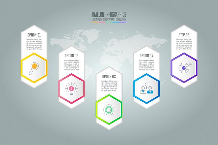 Concept creativo per infografica con 5 opzioni, parti o processi. vettore