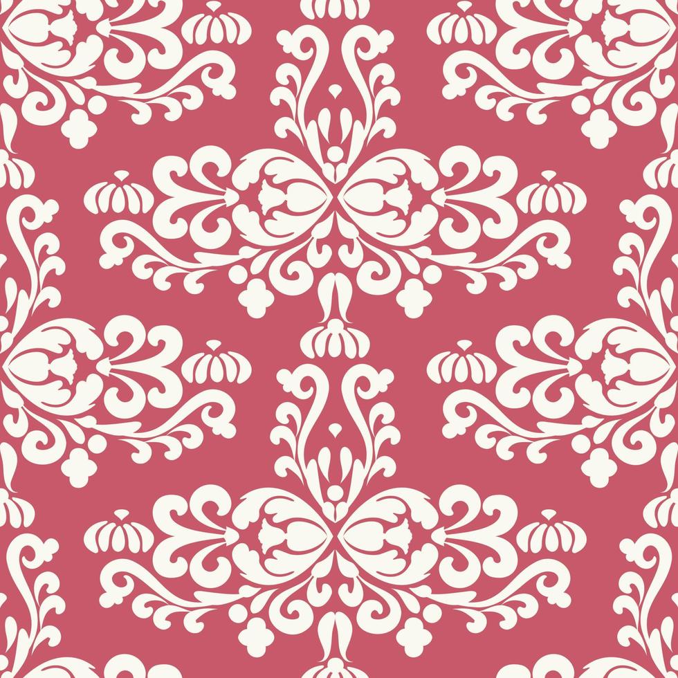 ornamento damascato bianco su sfondo rosa motivo senza cuciture. struttura decorativa dell'ornamento islamico. colore rosa, bianco. struttura decorativa dell'ornamento islamico. per tessuto, carta da parati, imballaggio. vettore