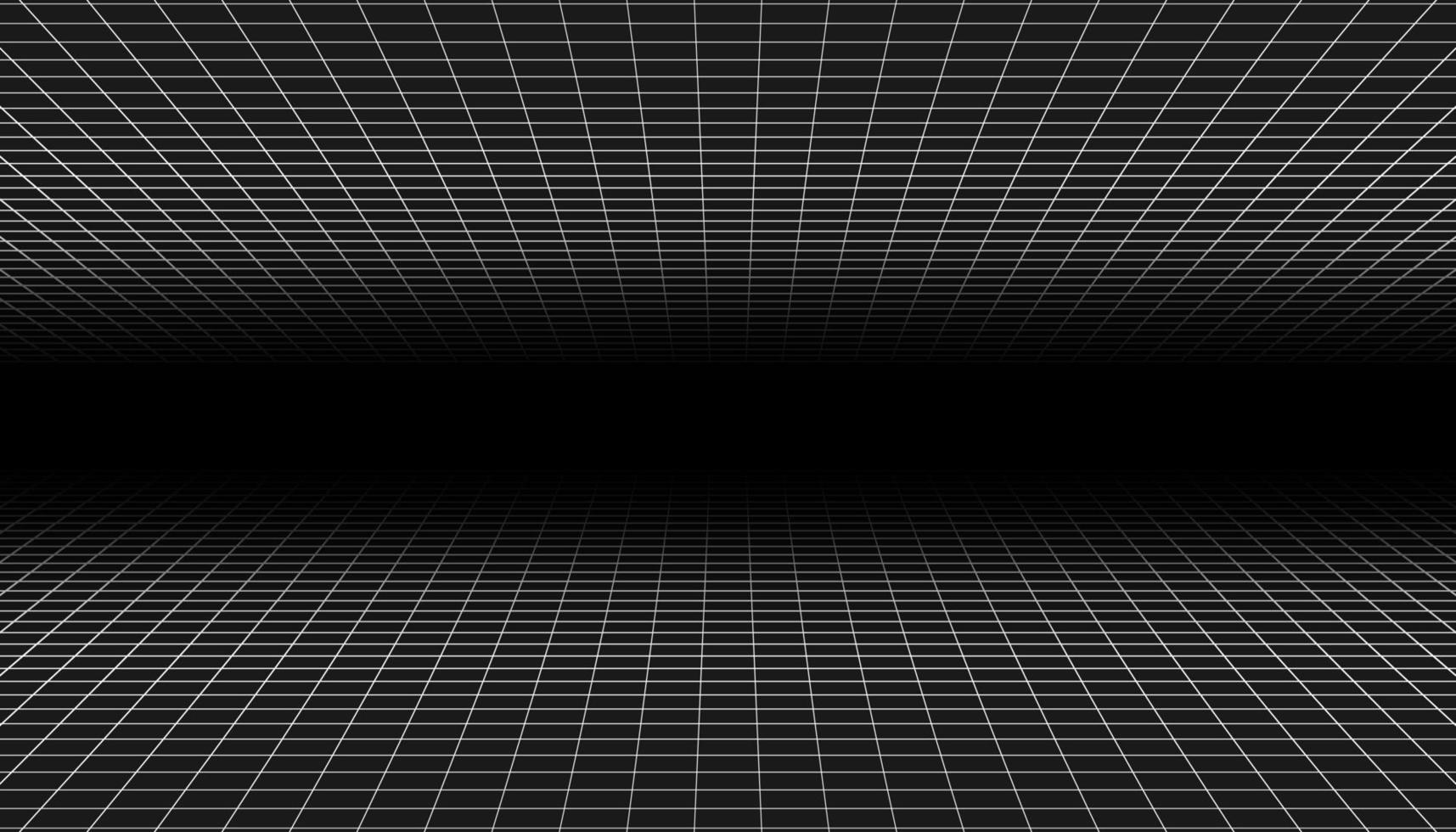 griglia prospettica wireframe. maglia bianca infinita su sfondo nero, stile retrò astratto. illustrazione vettoriale. vettore