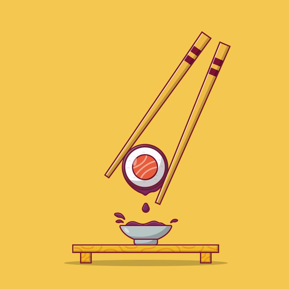 sushi e salsa di soia con illustrazione dell'icona del vettore delle bacchette. vettore di cibo giapponese. stile cartone animato piatto adatto per pagina di destinazione web, banner, volantino, adesivo, carta da parati, sfondo
