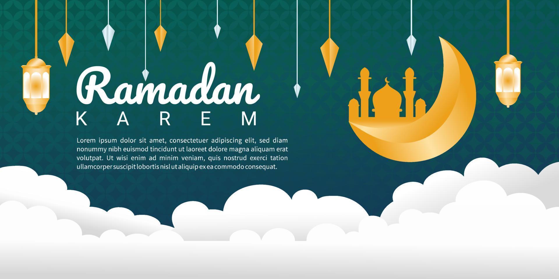 ramadan kareem banner design islamico con lanterna e luna crescente vettore