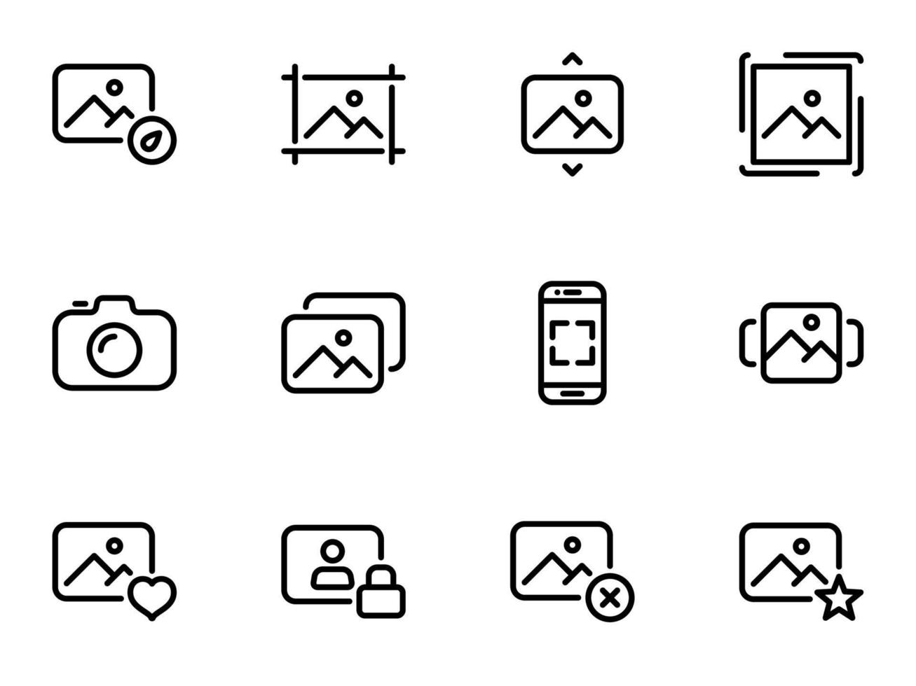 set di icone vettoriali nere, isolate su sfondo bianco, sulla fotografia a tema e sull'interazione sociale. limitare l'accesso ai dati privati