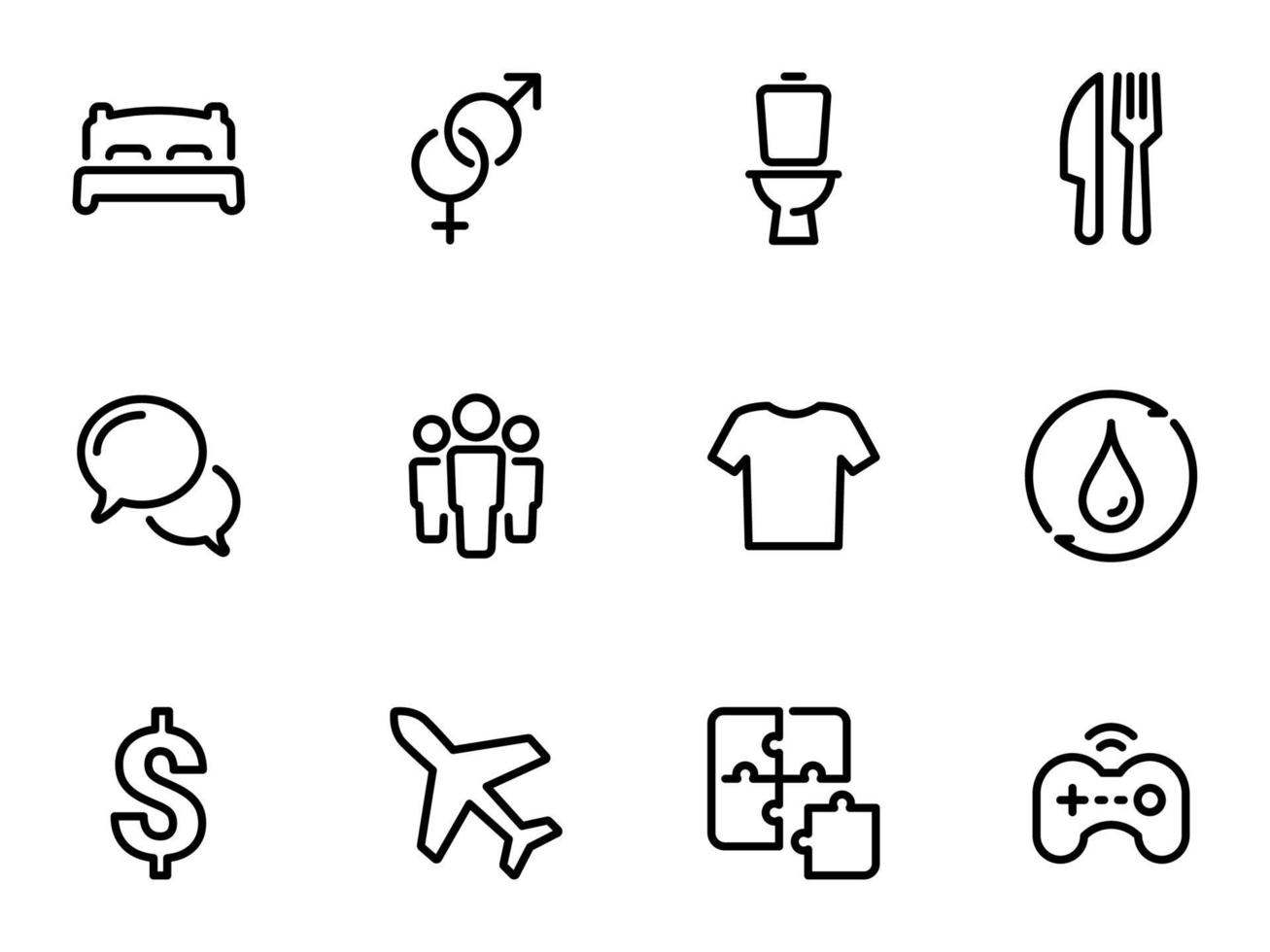 set di icone vettoriali nere, isolate su sfondo bianco, sul tema dei bisogni umani