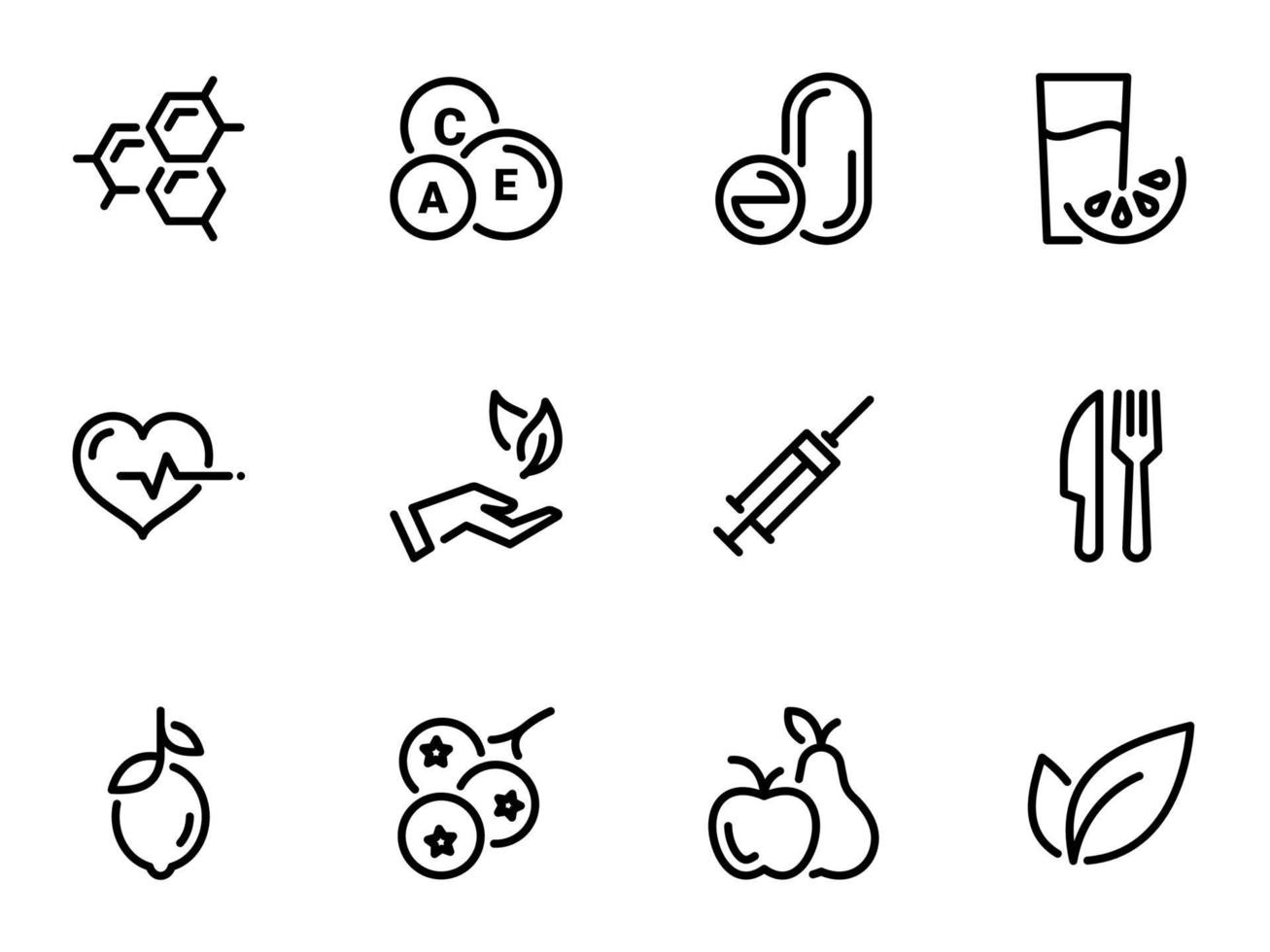 set di icone vettoriali nere, isolate su sfondo bianco. illustrazione su un tema vitamine e integratori. naturale e chimica