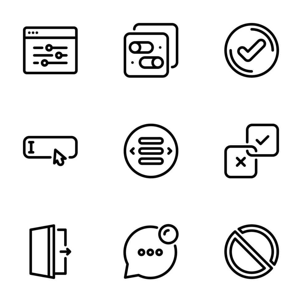 set di icone vettoriali nere, isolate su sfondo bianco, su elementi tematici dell'interfaccia, pulsanti e puntatori