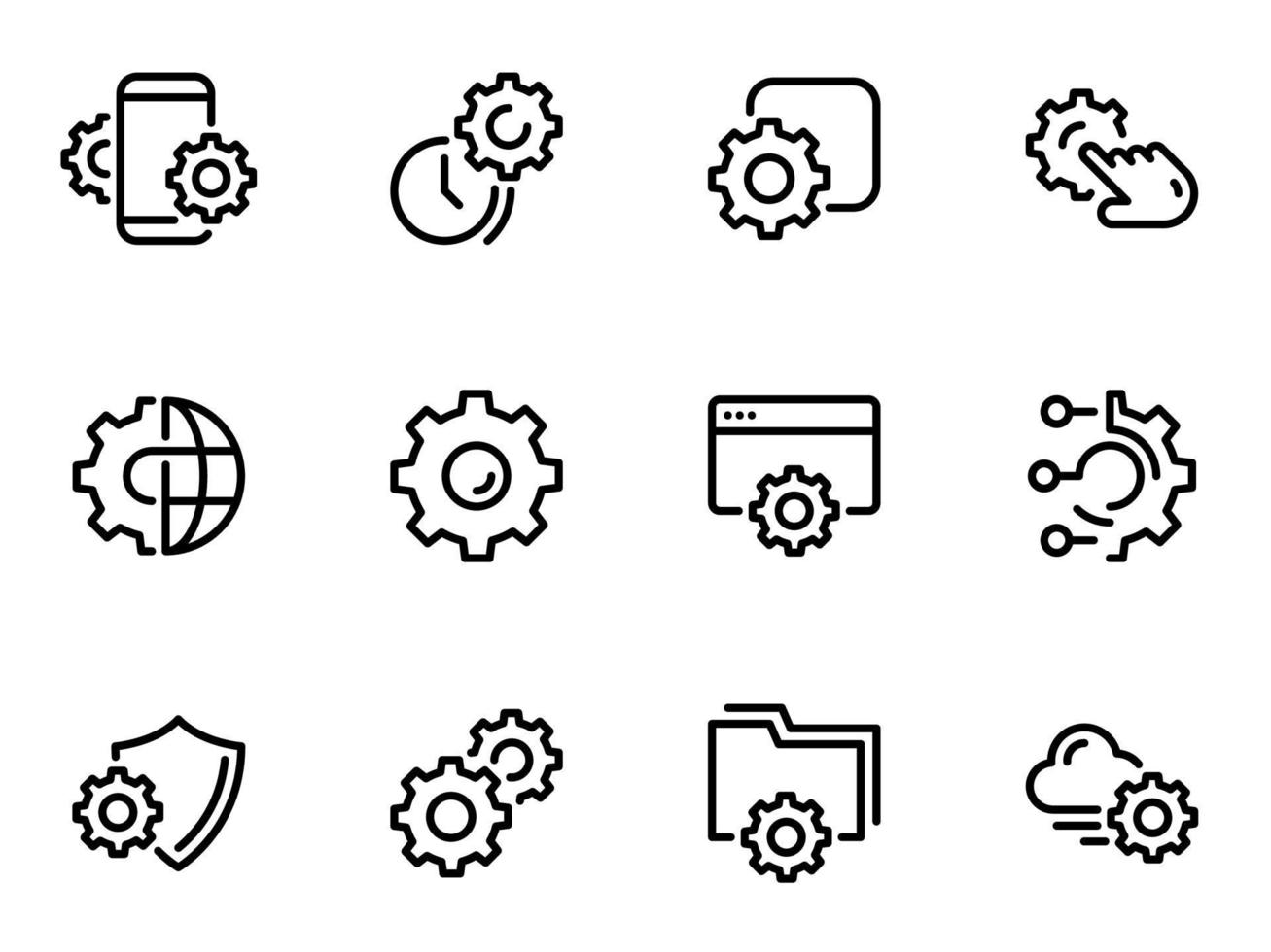 set di icone vettoriali nere, isolate su sfondo bianco, sull'impostazione del tema e sulle specifiche tecniche