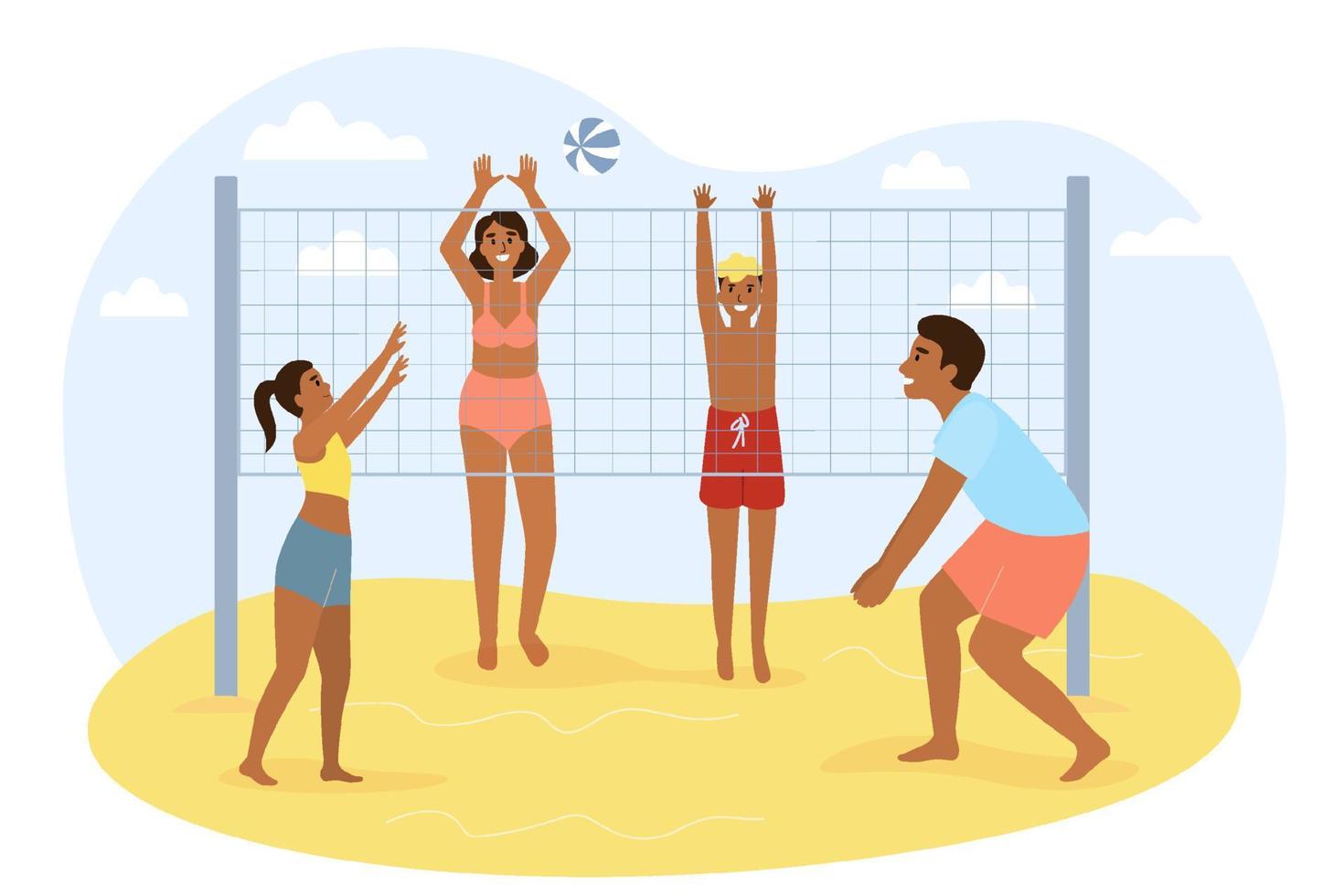 famiglia attiva che gioca a beach volley. vacanze in famiglia. illustrazione piatta vettoriale. vettore