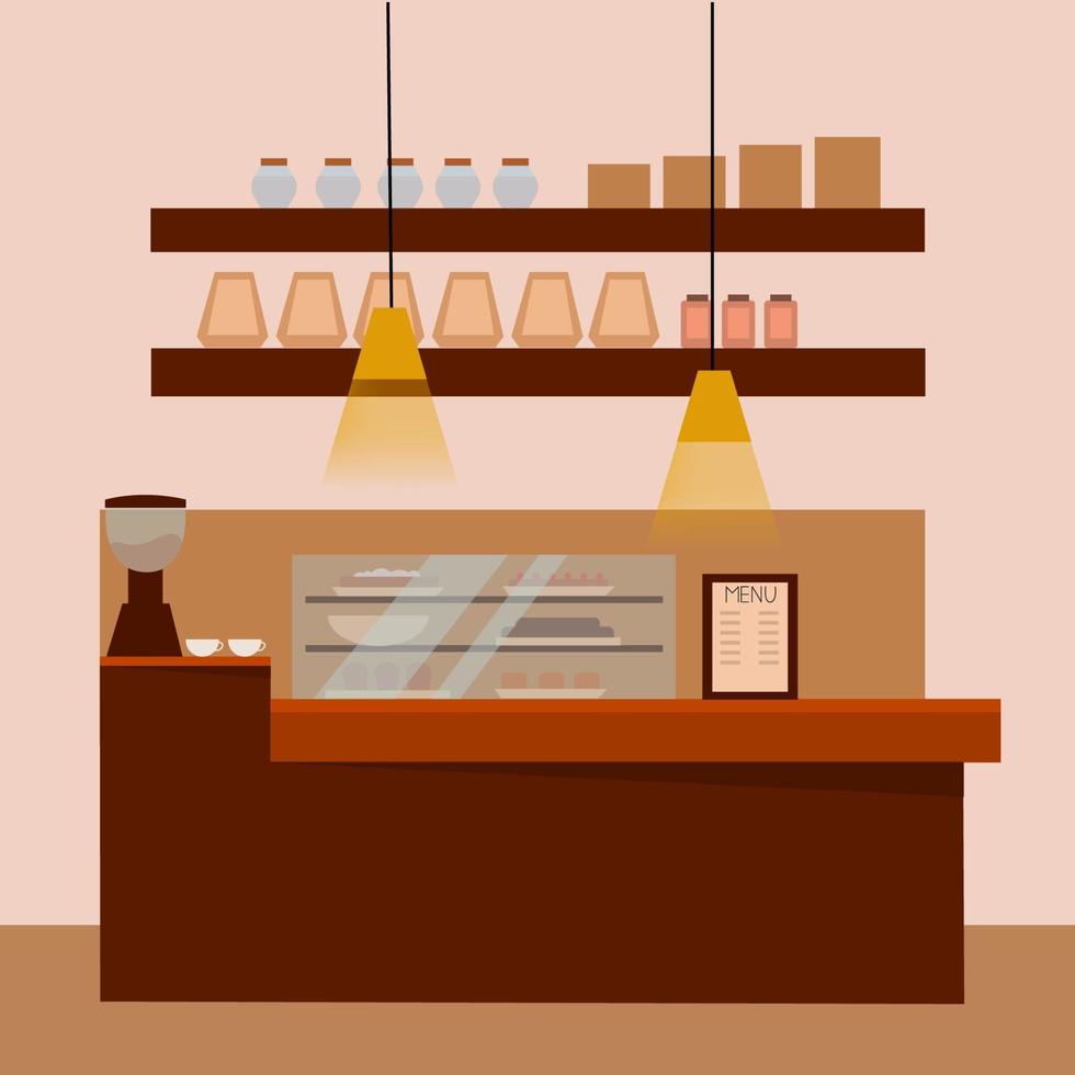 un bar vuoto con caffè e un display di dessert. illustrazione piatta vettoriale