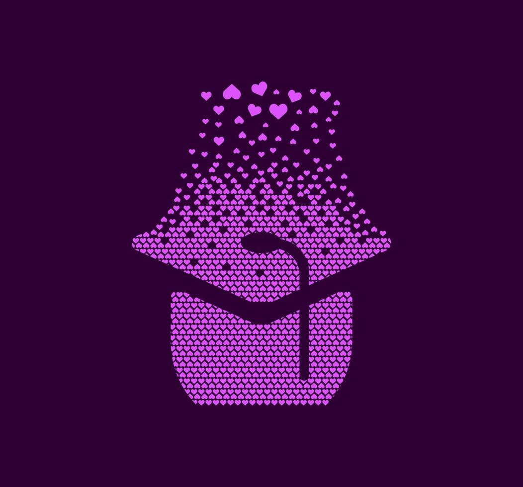 cappellino graduato cuoricini, logo pixel dot. simboli di università, studenti e istruzione. segno di cuore pixel up. i cuori sono pieni di un segno di interesse. movimento dei pixel complementare e integrativo. vettore