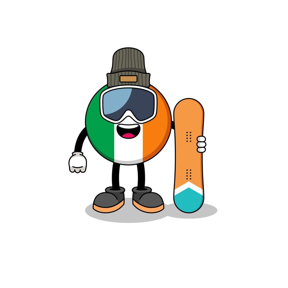 mascotte cartone animato dell'irlanda bandiera giocatore di snowboard vettore