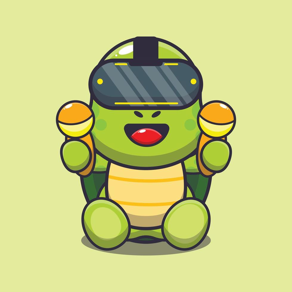 tartaruga carina che gioca illustrazione vettoriale di cartoni animati di realtà virtuale