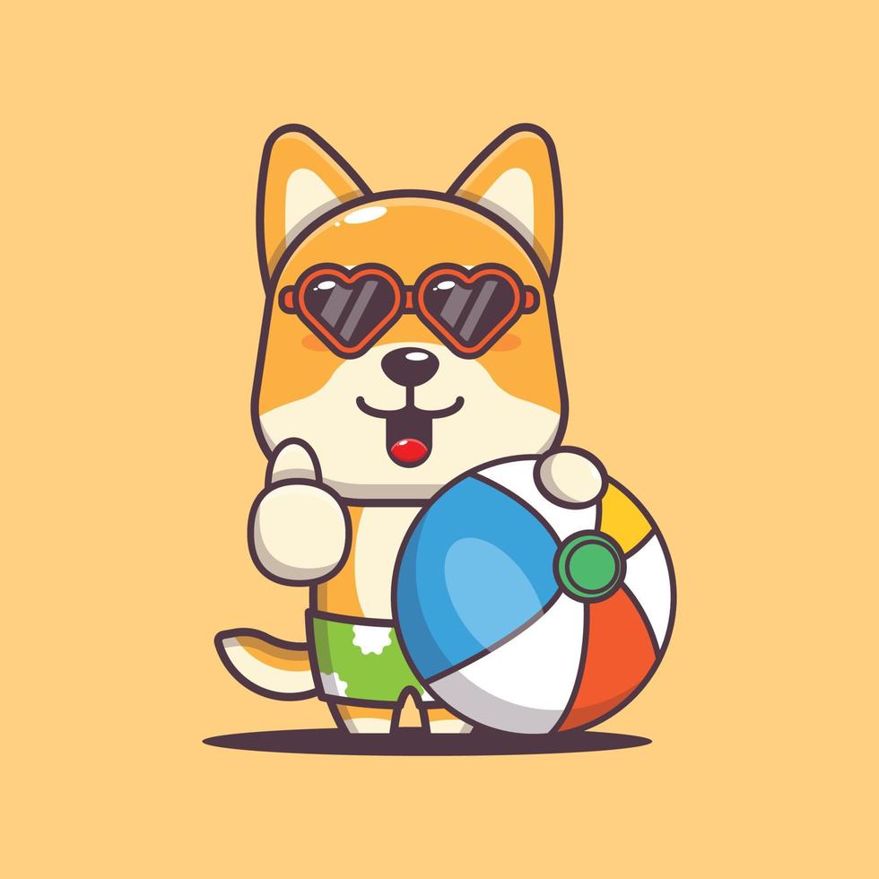 simpatico personaggio della mascotte dei cartoni animati del cane shiba inu in occhiali da sole con pallone da spiaggia vettore